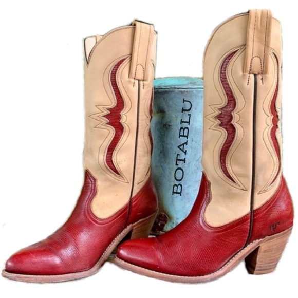 Frye Shoes - Sold FRYE Vintage USA Red Lizard Leather Heeled Cowgirl Cowboy Western Boots 7